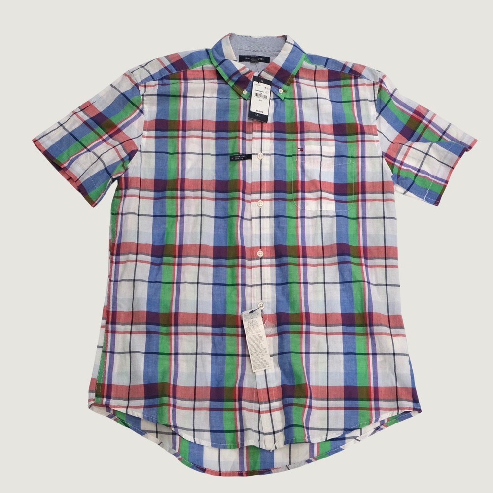 Tommy Hilfiger Shirt Mens Large Multi Plaid Cotton Linen Preppy Short Sleeve L